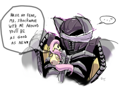 Size: 880x656 | Tagged: safe, fluttershy, pegasus, pony, bandage, bayformers, comforting, duo, female, floppy ears, mare, shockwave, transformers, transformers dark of the moon