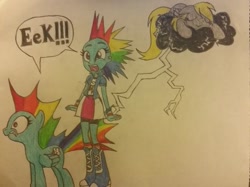 Size: 467x350 | Tagged: safe, artist:dcb2art, derpibooru import, rainbow dash, pony, equestria girls, boots, bracelet, clothes, compression shorts, cute, human ponidox, jewelry, open mouth, scared, self ponidox, shorts, skirt, socks, traditional art, wristband