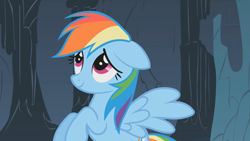 Size: 1280x720 | Tagged: safe, derpibooru import, screencap, rainbow dash, pegasus, pony, dragonshy, cute, dashabetes, female, floppy ears, lidded eyes, mare, smiling, solo, spread wings