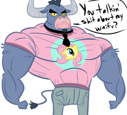 Size: 770x700 | Tagged: safe, artist:tess, fluttershy, iron will, minotaur, pegasus, pony, clothes, female, frown, ironshy, male, muscles, necktie, shipping, shirt, solo, straight, vulgar, waifu