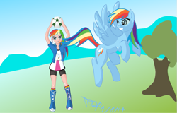 Size: 921x589 | Tagged: safe, artist:tozinkai, rainbow dash, human, equestria girls, football, human ponidox, humanized