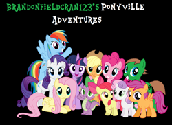 Size: 1432x1040 | Tagged: safe, derpibooru import, apple bloom, applejack, fluttershy, pinkie pie, rainbow dash, rarity, scootaloo, spike, sweetie belle, twilight sparkle, twilight sparkle (alicorn), oc, oc:ian, alicorn, dragon, earth pony, pegasus, pony, unicorn, black background, cutie mark crusaders, mane six, self insert, simple background