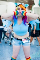 Size: 712x1072 | Tagged: safe, artist:geekeryandsuch, derpibooru import, applejack, rainbow dash, human, anime expo, anime expo 2013, belly button, cosplay, dashface, irl, irl human, midriff, muffin top, photo