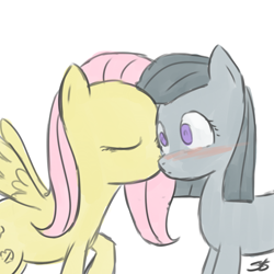 Size: 900x900 | Tagged: safe, artist:speccysy, fluttershy, marble pie, earth pony, pegasus, pony, blushing, female, kiss on the cheek, kissing, lesbian, marbleshy, mare, shipping, wide eyes