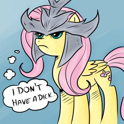 Size: 756x756 | Tagged: safe, artist:apple-707, artist:megasweet, fluttershy, pegasus, pony, female, fluttershy is not amused, frown, helmet, implied futashy, mare, skyrim, solo, the elder scrolls, thought bubble, unamused, vulgar