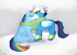 Size: 700x500 | Tagged: safe, artist:gilouw, rainbow dash, soarin', pegasus, pony, clothes, cold, female, male, scarf, shared clothing, shared scarf, shipping, soarindash, straight, wonderbolts uniform