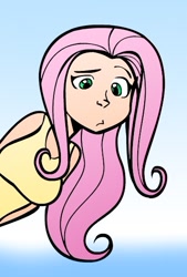 Size: 366x543 | Tagged: safe, artist:megasweet, fluttershy, human, clothes, female, frown, gradient background, humanized, peeking, solo