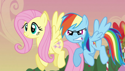 Size: 1920x1090 | Tagged: safe, derpibooru import, screencap, fluttershy, rainbow dash, pegasus, pony, the super speedy cider squeezy 6000, angry, balloon, flying