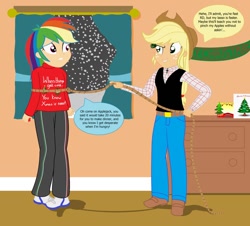 Size: 940x850 | Tagged: safe, artist:garretthegarret, derpibooru import, applejack, rainbow dash, equestria girls, christmas, double entendre, human coloration, lasso