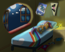 Size: 5000x4000 | Tagged: safe, artist:dombrus, rainbow dash, scootaloo, firefly (insect), pegasus, pony, bed, cape, clothes, cmc cape, firefly lamp, moon, open window, plushie, rainbow dash plushie, sleeping, socks, what's in the box?, window, wonderbolts uniform