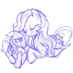 Size: 945x945 | Tagged: safe, artist:megasweet, fluttershy, pegasus, pony, family, female, filly, foal, mare, monochrome, mother, mother and child, mother and daughter, nuzzling, parent and child, prone, sketch, smiling