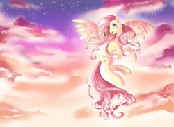 Size: 2600x1900 | Tagged: safe, artist:dream--chan, fluttershy, butterfly, pegasus, pony, female, flying, head turn, looking at something, looking back, mare, profile, sky, solo, spread wings