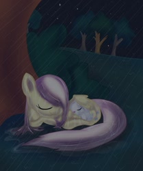 Size: 703x840 | Tagged: safe, artist:cocolli, angel bunny, fluttershy, pegasus, pony, cute, duo, female, filly, mare, night, rain, smiling, tree, wet mane, wing blanket