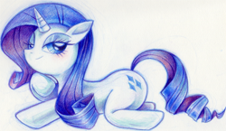 Size: 842x488 | Tagged: safe, artist:delico, rarity, pony, unicorn, bedroom eyes, female, pixiv, prone, simple background, solo, traditional art, white background