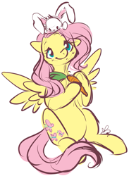 Size: 817x1118 | Tagged: safe, artist:clovercoin, fluttershy, pegasus, pony, rabbit, carrot, female, mare, simple background, smiling, white background