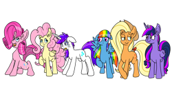 Size: 1024x512 | Tagged: safe, artist:davidcurser, derpibooru import, applejack, fluttershy, pinkie pie, rainbow dash, rarity, twilight sparkle, twilight sparkle (alicorn), alicorn, earth pony, pegasus, pony, unicorn, alternate hairstyle, crying, ear fluff, female, floppy ears, frown, happy, hilarious in hindsight, mane six, mane swap, manebow sparkle, mare, open mouth, raised hoof, simple background, standing, transparent background