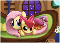 Size: 1161x830 | Tagged: safe, artist:ctb-36, apple bloom, fluttershy, scootaloo, sweetie belle, earth pony, pegasus, pony, unicorn, cute, cutie mark crusaders, eyes closed, female, filly, grin, mare, night, prone, sleeping, smiling, snuggling, sofa, window