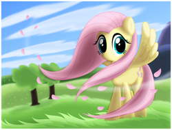 Size: 1092x830 | Tagged: safe, artist:ctb-36, fluttershy, pegasus, pony, female, grass, mare, smiling, solo, windswept mane