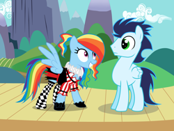 Size: 1024x768 | Tagged: safe, artist:rulette, rainbow dash, soarin', pegasus, pony, alternate hairstyle, clothes, female, male, shipping, soarindash, socks, straight