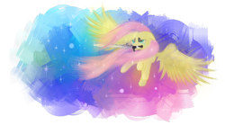 Size: 4500x2500 | Tagged: safe, artist:amethysthorn, fluttershy, pegasus, pony, abstract background, female, floppy ears, flying, mare, mouth hold, solo, sword, weapon, windswept mane