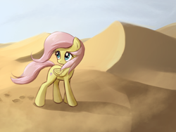 Size: 750x564 | Tagged: safe, artist:fajeh, fluttershy, pegasus, pony, desert, female, looking back, mare, solo, walking, windswept mane