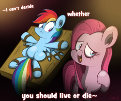 Size: 1678x1400 | Tagged: safe, artist:slitherpon, derpibooru import, pinkie pie, rainbow dash, earth pony, pegasus, pony, fanfic:cupcakes, bondage, bound, i can't decide, immatoonlink, parody, pinkamena diane pie, scissor sisters, table, we're going for a ride