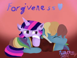 Size: 1024x768 | Tagged: safe, artist:crystalpastelkitty, derpibooru import, rainbow dash, twilight sparkle, twilight sparkle (alicorn), alicorn, pegasus, pony, alternate hairstyle, edmond dantes, female, forgiveness, heart, lesbian, monsparkle, pale, shipping, snuggling, the count of monte cristo, twidash