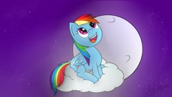 Size: 1191x670 | Tagged: safe, artist:my-little-poni, derpibooru import, rainbow dash, pegasus, pony, cloud, full moon, moon, night, night sky, open mouth, smiling, solo