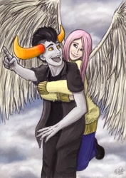 Size: 600x849 | Tagged: safe, artist:launchycat, fluttershy, human, clothes, crossover, female, flying, homestuck, hug, hug from behind, humanized, male, sweater, sweatershy, tavros nitram, tavroshy, winged humanization, wings