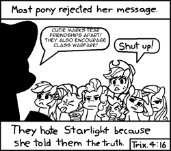 Size: 714x630 | Tagged: safe, artist:threetwotwo32232, derpibooru import, applejack, fluttershy, pinkie pie, rainbow dash, rarity, starlight glimmer, twilight sparkle, earth pony, pegasus, pony, unicorn, chick tract, exploitable meme, mane six, meme, most people rejected his message, the truth