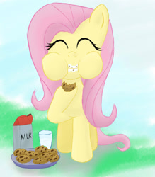 Size: 900x1029 | Tagged: safe, artist:infera1, fluttershy, pegasus, pony, cookie, eating, eyes closed, female, mare, milk, puffy cheeks, smiling, solo