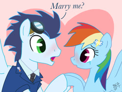 Size: 1024x768 | Tagged: safe, artist:tasticstarlight, rainbow dash, soarin', pegasus, pony, blushing, crying, dialogue, female, goggles, heart, holding hooves, male, marriage proposal, shipping, soarindash, straight, tears of joy, wonderbolts dress uniform