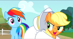 Size: 1360x730 | Tagged: safe, derpibooru import, screencap, applejack, rainbow dash, earth pony, pegasus, pony, castle mane-ia, beekeeper