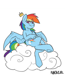 Size: 1024x1196 | Tagged: safe, artist:neoncel, derpibooru import, rainbow dash, pegasus, pony, chest fluff, cloud, female, looking at you, mare, raised eyebrow, simple background, sitting, smiling, solo, spread wings, underhoof, white background, wings