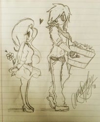 Size: 1024x1249 | Tagged: safe, artist:awesomeamz, big macintosh, fluttershy, human, bandana, clothes, female, flower, fluttermac, humanized, lined paper, looking at each other, male, monochrome, shipping, sketch, skirt, straight, traditional art