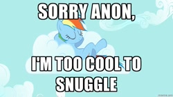 Size: 900x506 | Tagged: safe, rainbow dash, pegasus, pony, blatant lies, image macro, imma snuggle you, meme, snuggling