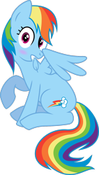 Size: 794x1396 | Tagged: safe, artist:mremerald34, rainbow dash, pegasus, pony, blushing, feather, mouth hold, preening, raised hoof, simple background, sitting, solo, transparent background, vector