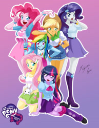 Size: 2153x2786 | Tagged: safe, artist:shinta-girl, derpibooru import, angel bunny, applejack, fluttershy, pinkie pie, rainbow dash, rarity, twilight sparkle, equestria girls, mane six