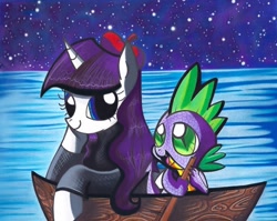 Size: 618x491 | Tagged: safe, artist:aurora-chiaro, rarity, spike, dragon, pony, unicorn, beatnik rarity, beret, boat, clothes, female, hat, interspecies, male, shipping, sparity, straight