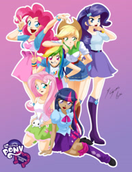 Size: 2153x2786 | Tagged: safe, artist:shinta-girl, derpibooru import, angel bunny, applejack, fluttershy, pinkie pie, rainbow dash, rarity, twilight sparkle, equestria girls, human coloration, mane six