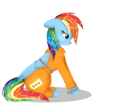 Size: 1024x860 | Tagged: safe, artist:little-sketches, derpibooru import, rainbow dash, pegasus, pony, b-f16, bound wings, chains, clothes, cuffs, female, mare, prison outfit, prisoner, prisoner rd, restrained, shackles, simple background, solo, transparent background