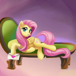 Size: 900x900 | Tagged: safe, artist:mew, fluttershy, pegasus, pony, cute, female, heart, letter, mail, mare, on side, shyabetes, smiling, sofa, solo