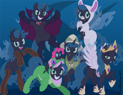 Size: 941x725 | Tagged: dead source, safe, artist:brianblackberry, derpibooru import, applejack, fluttershy, gummy, pinkie pie, rainbow dash, rarity, twilight sparkle, twilight sparkle (alicorn), alicorn, changeling, pony, alicornified, changeling mane six, changeling six, changelingified, clothes, costume, dashling, female, flutterling, flying, mane six, mare, nightmare night, nightmare night costume, race swap, raricorn, role reversal