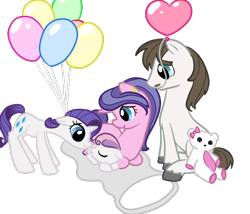 Size: 700x600 | Tagged: safe, artist:otterlore, cookie crumbles, hondo flanks, rarity, sweetie belle, pony, unicorn, balloon, cookieflanks, family, filly, foal, heart balloon, newborn, simple background, transparent background