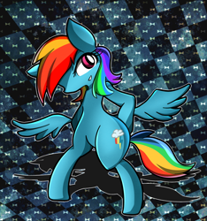 Size: 1084x1156 | Tagged: safe, artist:ochimoto, rainbow dash, pegasus, pony, abstract background, bipedal, female, looking at you, mare, pixiv, solo