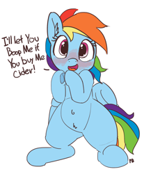 Size: 1280x1544 | Tagged: dead source, safe, artist:pabbley, derpibooru import, rainbow dash, pegasus, pony, 30 minute art challenge, belly button, bipedal, blushing, boop, bribery, bronybait, cider dash, cute, dashabetes, frog (hoof), imminent boop, simple background, solo, speech, that pony sure does love cider, underhoof, white background