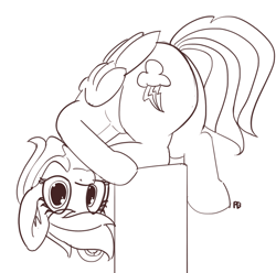 Size: 1280x1269 | Tagged: safe, artist:pabbley, derpibooru import, rainbow dash, pegasus, pony, balancing, behaving like a cat, looking at you, monochrome, silly, silly pony, simple background, solo, upside down, white background