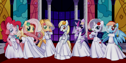 Size: 1024x511 | Tagged: safe, artist:solar-slash, derpibooru import, applejack, derpy hooves, fluttershy, pinkie pie, rainbow dash, rarity, twilight sparkle, earth pony, pegasus, pony, unicorn, canterlot castle, clothes, dress, female, mane six, mare, wedding dress