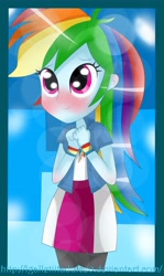 Size: 4000x6692 | Tagged: safe, artist:vixelzf, rainbow dash, equestria girls, absurd resolution, blushing, cute, dashabetes, glowing eyes, hands together, lens flare, looking at you, smiling, solo