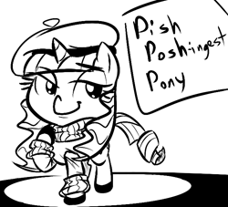 Size: 660x600 | Tagged: safe, artist:tess, rarity, pony, unicorn, beatnik rarity, beret, clothes, hat, monochrome, solo, sweater